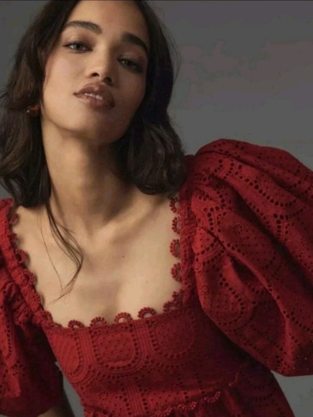 FARM Rio Crimson Eyelet Puff-Sleeve Midi Dress - Picture 2 of 5